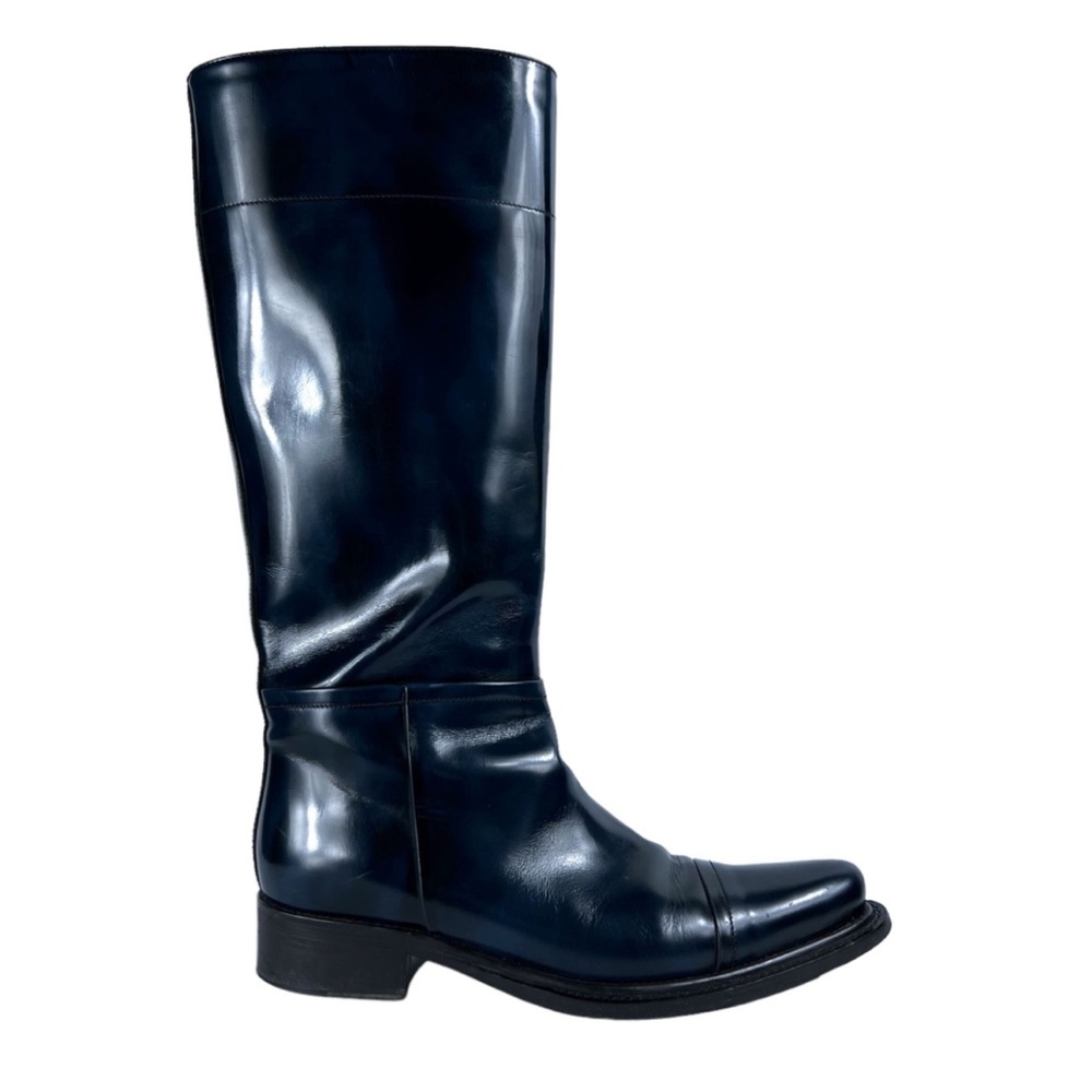 Prada shiny leather navy horse boots